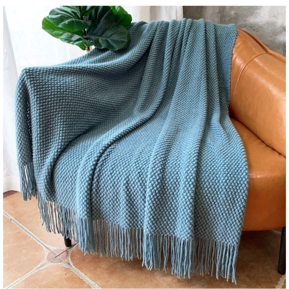 Light Grey Boho Tassel Chunky Knit Dorm/Living/Bedroom Cozy Casual Throw Blanket - Picture 8 of 16